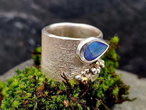 LeoLars-PABE Lightning Ridge Opal Design Ring, Gr.58, aus 925er Silber mit 750er Gelbgold Akzenten und echter Pampasgras Struktur, Unikat, Handarbeit
