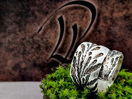 LeoLars-PABE 925er Silber Design Ring, Gr.60, Stil der Oberfläche Konifere, teilgeschwärzt, überlappende Ringschiene, Unikat, Handarbeit