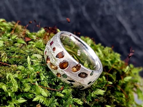 LeoLars-PABE Sandguss Design Ring, Gr.56 (17,8), aus 925er Silber mit echten eingegossenen verschiedensten Edelsteinen mit Farbverlauf, Nr.51, Unikat, Handarbeit