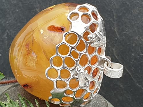 LeoLars-PABE Großer Nordsee Honig Bernstein Design Anhänger aus 925er Silber, Honigwaben, Bienen, Unikat, Handarbeit