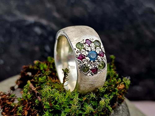 LeoLars-PABE Edelstein Blüten Design Ring, Gr.59, aus 925er Silber, mit Blautopas, Peridot und Rubinen, massiv, eismattiert, Unikat, Handarbeit