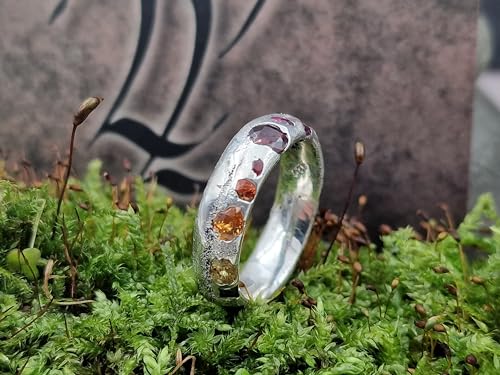 LeoLars-PABE Regenbogen Design Sandguss Ring, Gr.56-57 (18,2),aus 925er Silber mit bunten echten eingegossenen Edelsteinen, selten, Handarbeit, Unikat