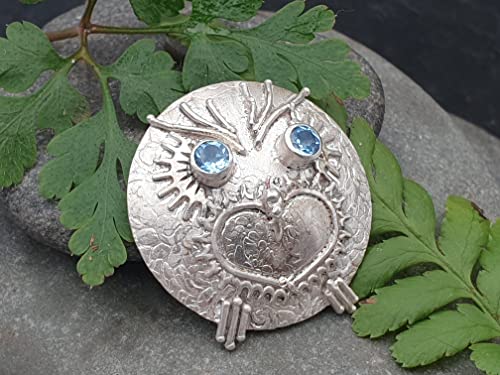 LeoLars-PABE Anhänger Eule Rudi aus 925er Silber mit zwei Blautopasen, Unikat, Handarbeit