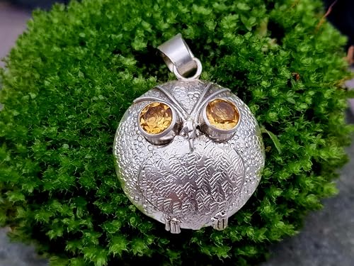 LeoLars-PABE Anhänger Erdbeereule Heiderose aus 925er Silber mit Citrinen als Augen, Anhänger 28mm, Unikat, Handarbeit