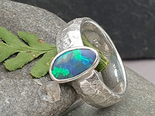 LeoLars-PABE Lightning Ridge Opal Design Ring, Gr.58, 925er Silber, Grün-Blaues Honeycomb Pattern Feuer, Unikat, Handarbeit