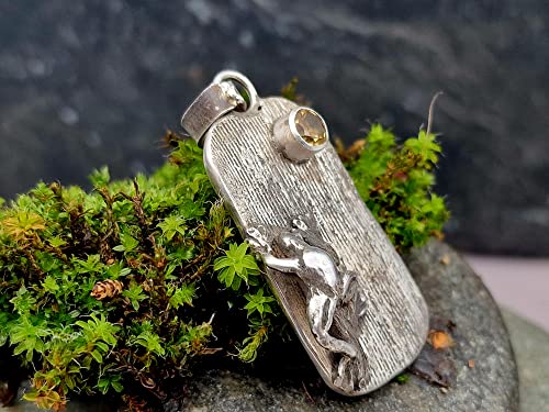 LeoLars-PABE Wetterfrosch Anhänger aus 925er Silber mit Citrin als Sonne, echte Pampasgrasstruktur, teilgeschwärzt, Unikat, Handarbeit