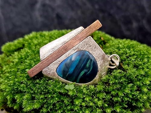 LeoLars-PABE Schwarzer Opal Design Anhänger aus 925er Silber mit Kupferstab, eismattiert, Opalfeuer in grün-blau, Unikat, Handarbeit