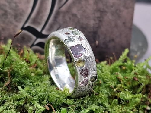 LeoLars-PABE Bunter Design sandguss Ring, Gr.64 (20,2), aus 925er Silber mit eingegossenen bunten echten Edelsteinen, massiv, Handarbeit, Unikat