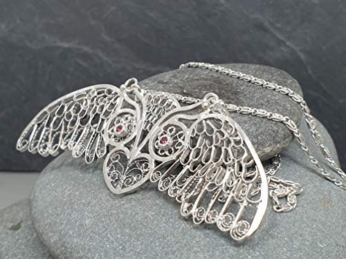 LeoLars-PABE Filigree Anhänger aus 925er Silber Eule, 50cm Silberkette, 2 Rhodolite, Unikat, Handarbeit