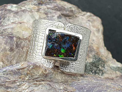 LeoLars-PABE Boulder Opal Design Herren Ring aus 925er Silber, Gr.65, Schlangenhaut Muster, Massiv, Unikat, Handarbeit
