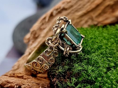 LeoLars-PABE Magisch mystischer Smaragd Design Ring aus 585er Gelbgold, verspielte Kettenverzierung, zauberhafte Schnörkel, Gr. 61/62, Unikat, Handarbeit