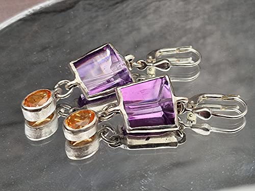 Amethyst, Mandarin Garant Design Ohrhänger aus 925er Silber, Spezial Spiegel Design Schliff, mit Brisuren, Unikat, Handarbeit