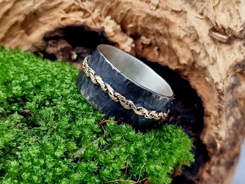 LeoLars-PABE Herren Bicolor Design Ring, Gr.69, aus 925er Silber mit montierter 585er Gelbgold Kette, geschwärzt, mystisch, magisch, Unikat, Handarbeit