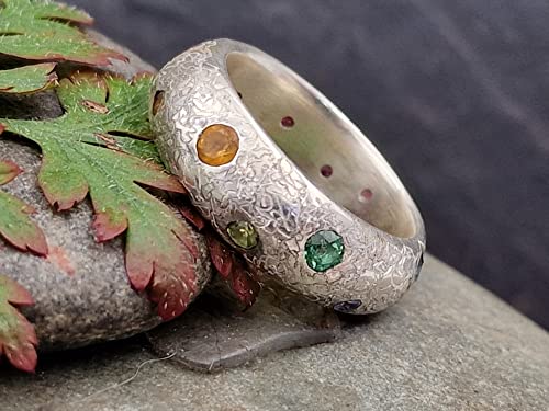 LeoLars-PABE Rainbow Universe Ring aus 925er Silber, Gr.61 (19,5), mit verschiedensten echten Edelsteinen, eismattiert, Unikat, Handarbeit