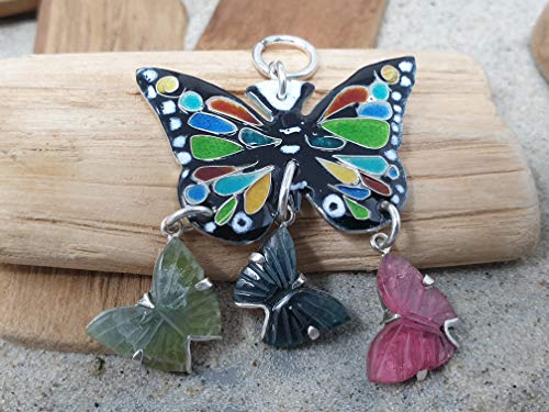 LeoLars-PABE Emaille Schmetterling mit 3 Turmalin Schmetterlingen aus 925er Silber als Anhänger, Unikat, Handarbeit