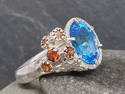 LeoLars-PABE Design Ring Fire and Ice mit Blautopas und Mandarin Granat, 925er Silber, Gr. 61, Unikat, Handarbeit