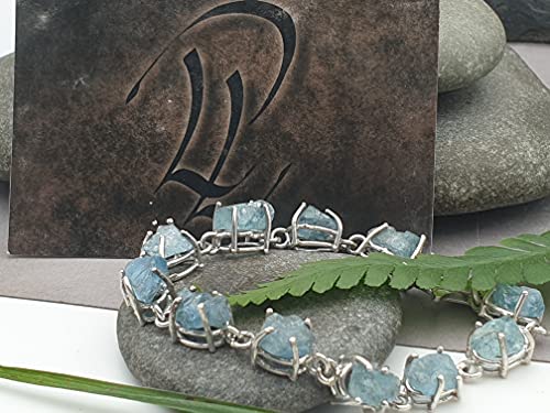 LeoLars-PABE Aquamarin Rohstein Armband aus 925er Silber, 11 Aquamarine, 19cm lang, Unikat, Handarbeit
