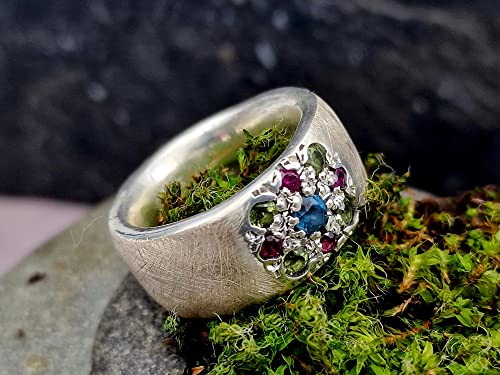 LeoLars-PABE Edelstein Blüten Design Ring, Gr.59, aus 925er Silber, mit Blautopas, Peridot und Rubinen, massiv, eismattiert, Unikat, Handarbeit