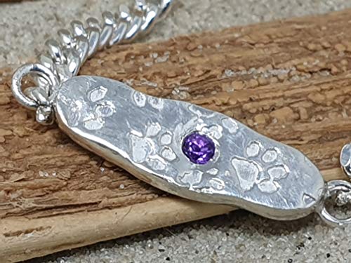 925er Silber Armband mit Pfötchen und Amethyst, 23,5cm Panzerkette, Unikat, Handarbeit