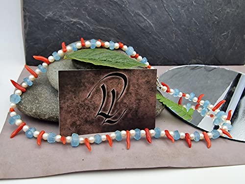 LeoLars-PABE 44cm Aquamarin und Perlen Kette mit 925er Silberverschluss, Unikat, Handarbeit