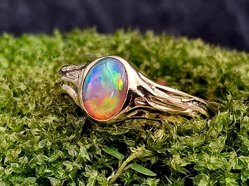 LeoLars-PABE Lightning Ridge Chrystal GEM Opal Design Ring, Gr. 58, aus 585er Gelbgold, Multicolor High End Opal, holzgemaserte Oberflächen Struktur, Unikat, Handarbeit