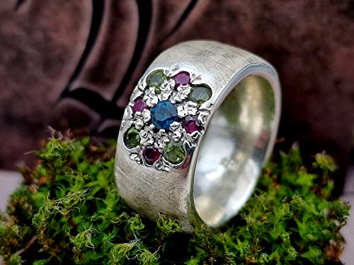 LeoLars-PABE Edelstein Blüten Design Ring, Gr.59, aus 925er Silber, mit Blautopas, Peridot und Rubinen, massiv, eismattiert, Unikat, Handarbeit