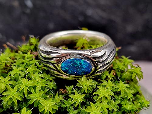LeoLars-PABE Schwarzer Opal Wellen Design Ring, Gr.58, aus 925er Silber, Opal grün-blaues Opalfeuer, teilgeschwärzt, massiv, Unikat, Handarbeit