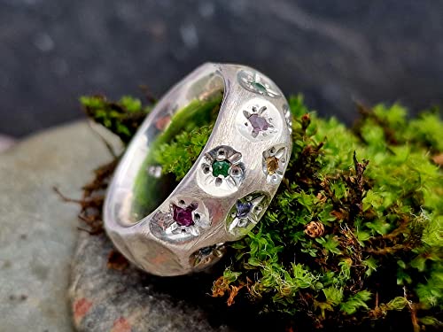LeoLars-PABE Blüten Design Ring, Gr.56, aus 925er Silber, massiv, mit Citrin, Amethyst, Rubin, Tsavorit, Saphir und Blautopas als Blüten, Unikat, Handarbeit