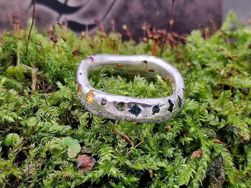 LeoLars-PABE Geschwungener Sandguss Design Ring, Gr.57 (18,2), aus 925er Silber mit eingegossenen bunten echten Edelsteinen, Unikat, Handarbeit