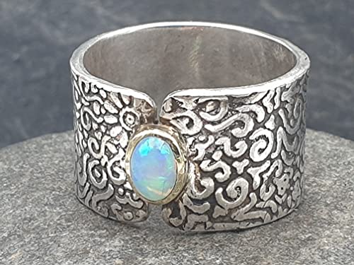 LeoLars-PABE Lightning Ridge Opal Design Ring, Gr.59 aus 925er Silber mit 585er Goldfassung, Unikat, Handarbeit