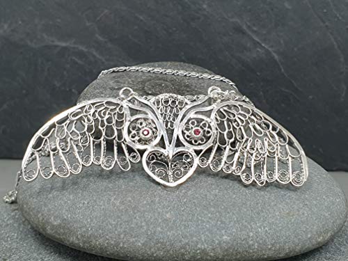 LeoLars-PABE Filigree Anhänger aus 925er Silber Eule, 50cm Silberkette, 2 Rhodolite, Unikat, Handarbeit