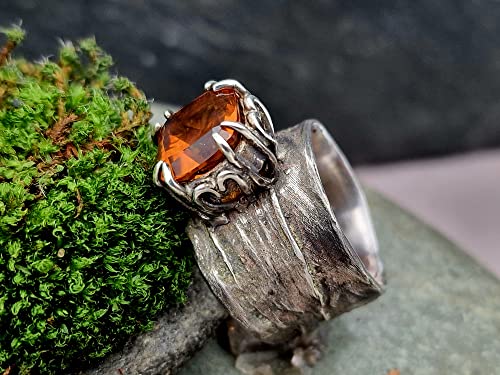 LeoLars-PABE Madeira Citrin Design Ring, Gr. 54-55, aus 925er Silber mit Bambus Struktur, teilgeschwärzt, massiv, Unikat, Handarbeit