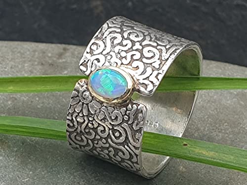 LeoLars-PABE Lightning Ridge Opal Design Ring, Gr.59 aus 925er Silber mit 585er Goldfassung, Unikat, Handarbeit