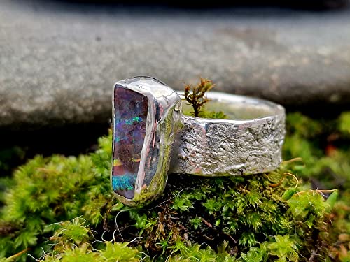 LeoLars-PABE Design Ring im Structure Design Stein mit Boulder Opal mit bunten Opalfeuer Streifen, Gr.61, Opal 16.3x7.1mm, Unikat, Handarbeit