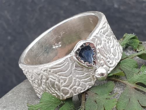 LeoLars-PABE Saphir Design Ring, Gr. 62-63, aus 925er Silber, Structure Design mit Silberperle, Unikat, Handarbeit