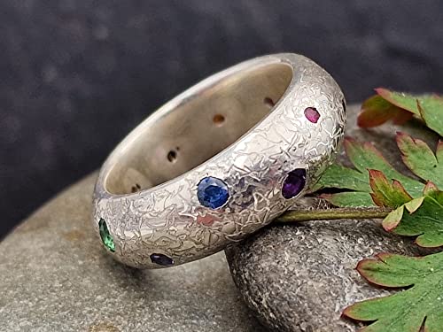 LeoLars-PABE Rainbow Universe Ring aus 925er Silber, Gr.61 (19,5), mit verschiedensten echten Edelsteinen, eismattiert, Unikat, Handarbeit