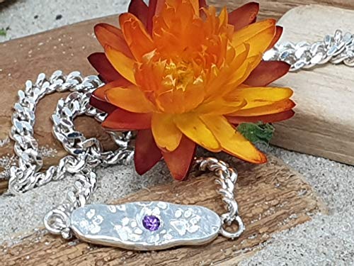 925er Silber Armband mit Pfötchen und Amethyst, 23,5cm Panzerkette, Unikat, Handarbeit