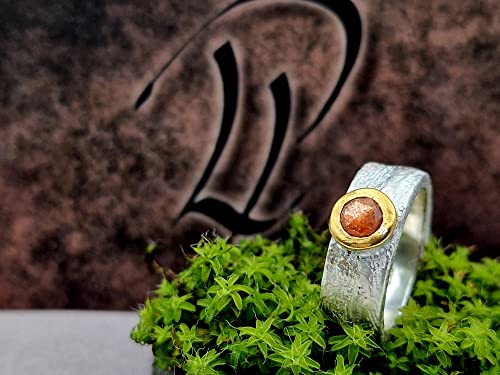 LeoLars-PABE Sonnenstein Ring im Rosenschliff, Gr.56, aus 925er Silber mit Feingoldfassung, Oberfläche Sepiaguss, Unikat, Handarbeit