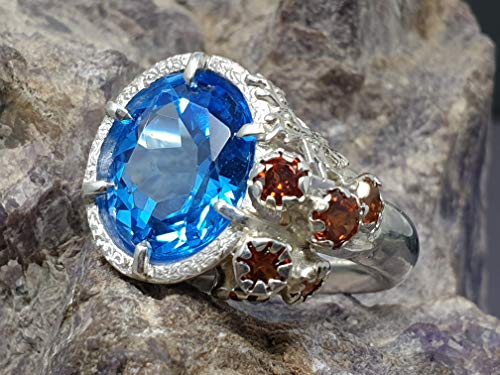 LeoLars-PABE Design Ring Fire and Ice mit Blautopas und Mandarin Granat, 925er Silber, Gr. 61, Unikat, Handarbeit