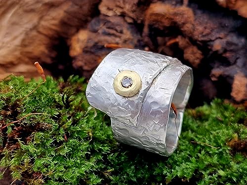 LeoLars-PABE Breiter Wickel Design Ring mit 3mm cognacfarbenem Brilliant, aus 925er Silber mit 585er Goldfassung, Gr.60/61, Unikat, Handarbeit