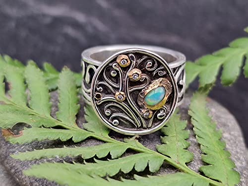 LeoLars-PABE Lightning Ridge Opal Design Filigree Ring, Gr.57 (18.2), aus 925er Silber mit vier Diamantan in Feingold Fassungen, geschwärzt, Unikat, Handarbeit