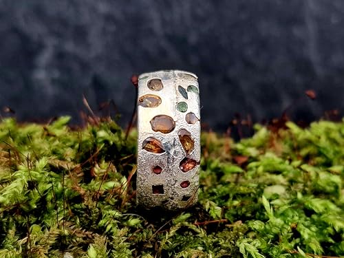 LeoLars-PABE Sandguss Design Ring, Gr.56 (17,8), aus 925er Silber mit echten eingegossenen verschiedensten Edelsteinen mit Farbverlauf, Nr.51, Unikat, Handarbeit