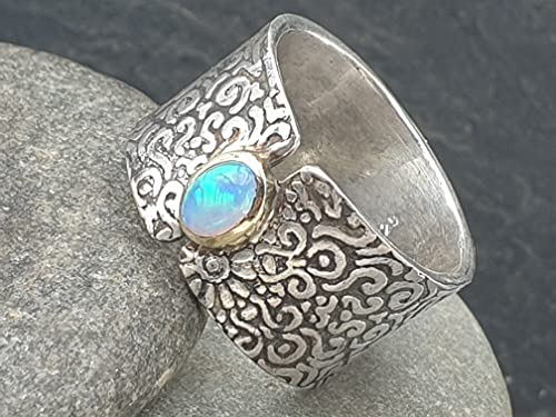 LeoLars-PABE Lightning Ridge Opal Design Ring, Gr.59 aus 925er Silber mit 585er Goldfassung, Unikat, Handarbeit