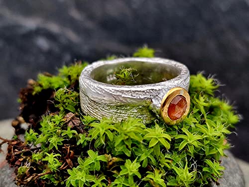 LeoLars-PABE Sonnenstein Ring im Rosenschliff, Gr.56, aus 925er Silber mit Feingoldfassung, Oberfläche Sepiaguss, Unikat, Handarbeit
