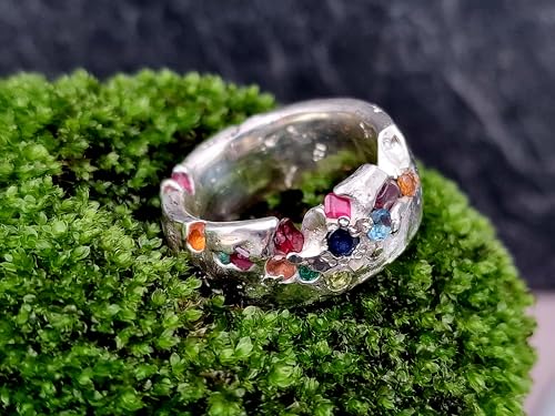 LeoLars-PABE Bunter rockiger Design Sandguss Ring, Gr.61 (19,2), aus 925er Silber mit verschiedenen echten eingegossenen Edelsteinen, Unikat, Handarbeit