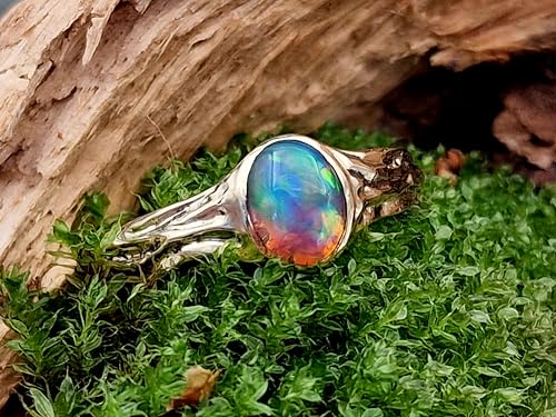 LeoLars-PABE Lightning Ridge Chrystal GEM Opal Design Ring, Gr. 58, aus 585er Gelbgold, Multicolor High End Opal, holzgemaserte Oberflächen Struktur, Unikat, Handarbeit