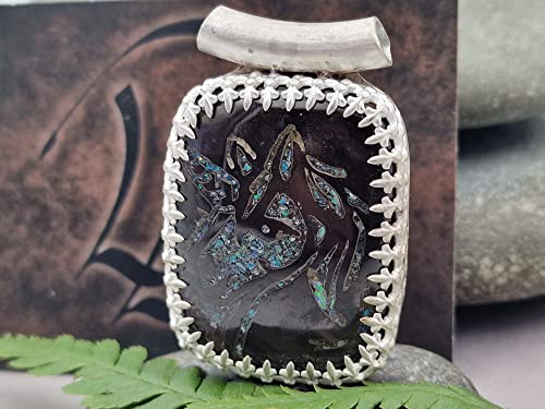 LeoLars-PABE Einhorn Anhänger aus 925er Silber, Obsidian mit Opalsplittern, Carving, Galerie Fassung, Filigree, Unikat, Handarbeit