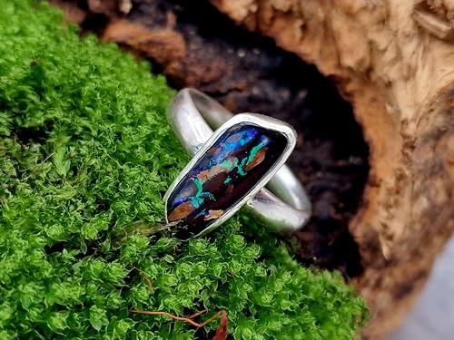 LeoLars-PABE Boulder Opal Ring, Gr.57-58, aus 925er Silber, Opal mit tollem Muster und grün-lila Opalfeuer, Opal 17,5x7mm, Unikat, Handarbeit