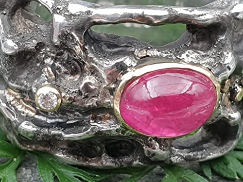 LeoLars-PABE Organic Design Rubin Ring, Gr.53-54, mit Brilliant aus 925er Silber mit Goldakzenten und Fassung, Unikat, Handarbeit