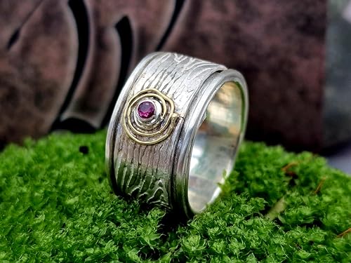 LeoLars-PABE Rubin Spinner Design Ring, Gr.57, aus 925er Silber mit Holzmaserung und 585er Goldschnecke um den Rubin, Unikat, Handarbeit